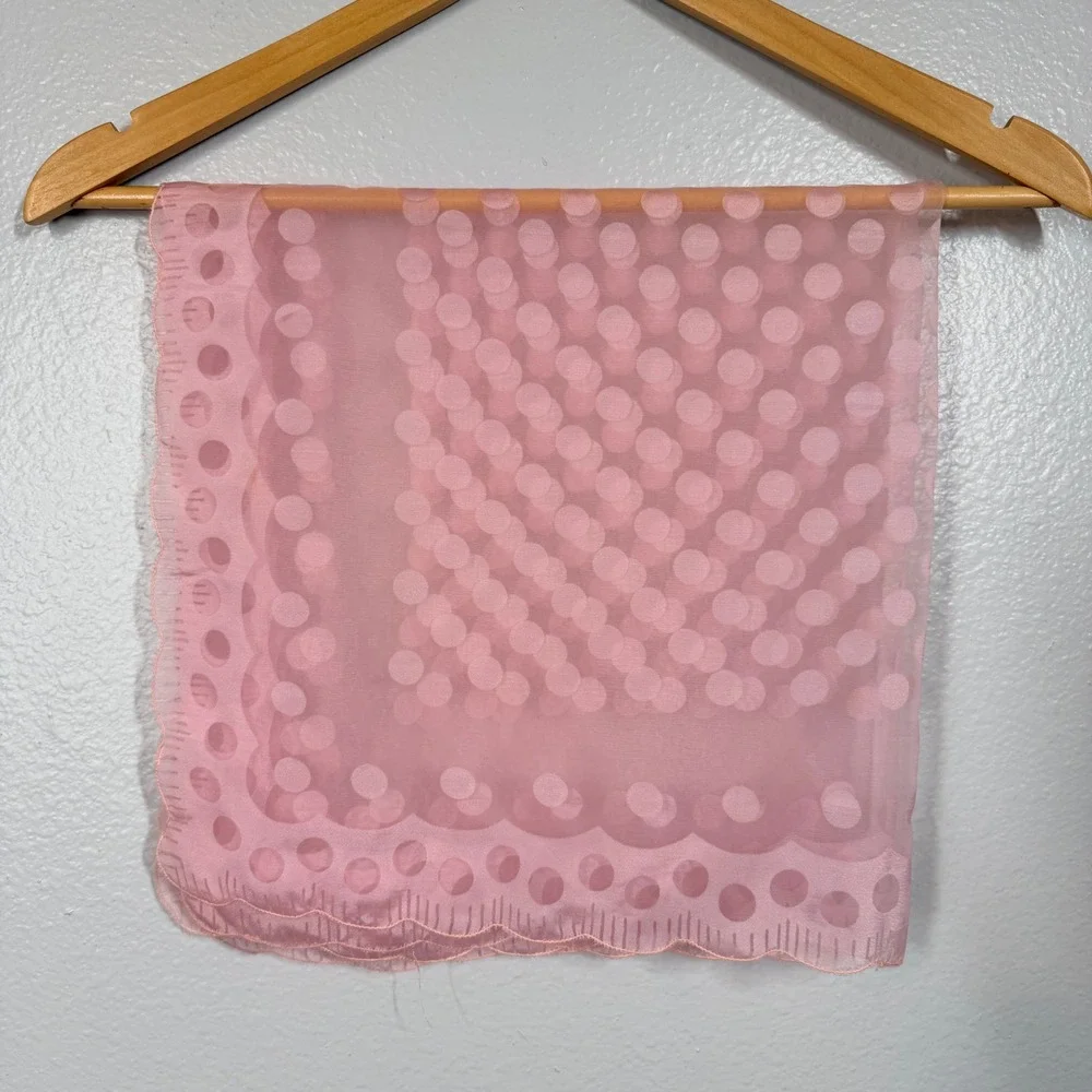 Polka Dot Sheer Scarf Women Pink Chiffon Scalloped Edge Vintage Japan